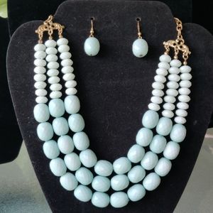 Aqua blue triple strand and earrings (#169)